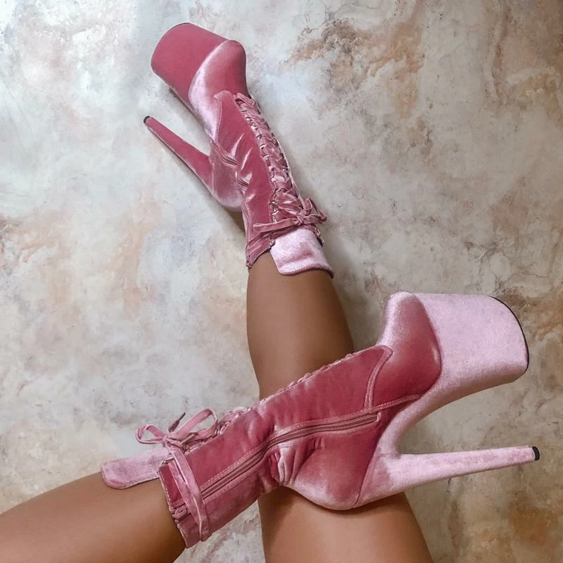 Hella Heels BabyDoll Velvet 8inch Boots - Downtown Doll Shoes