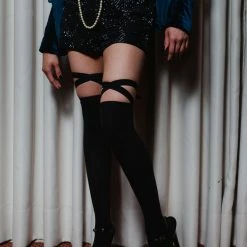 Rolling Over The Knee Ribbon Socks - Black (3 Sizes Available) Accessories