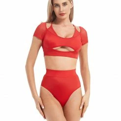 Tops Hamade Activewear Mesh Hollow Front Crop Top - Red