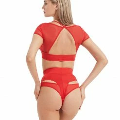 Tops Hamade Activewear Mesh Hollow Front Crop Top - Red