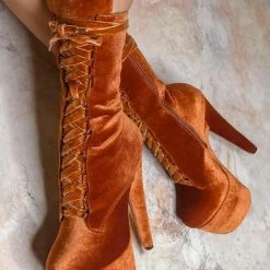 Shoes Hella Heels BabyDoll Velvet 7inch Boots - Brandy