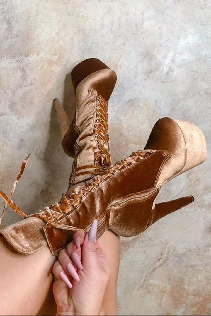 Hella Heels BabyDoll Velvet 7inch Boots - Moonshine Shoes