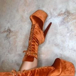 Hella Heels BabyDoll Velvet 8inch Boots - Brandy