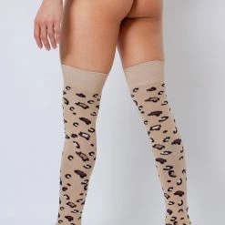 Accessories Rolling Over The Knee Socks - Beige Leopard (3 Sizes Available)