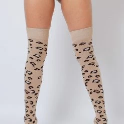Accessories Rolling Over The Knee Socks - Beige Leopard (3 Sizes Available)