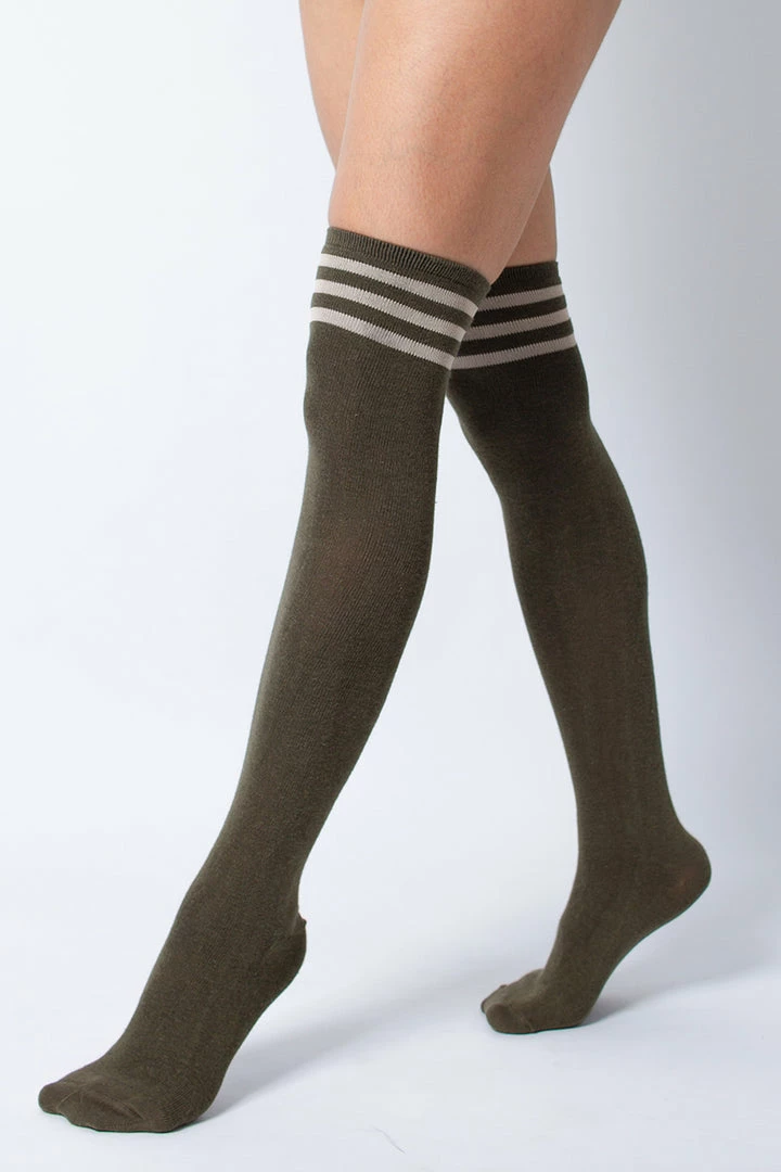 Rolling Over The Knee Socks - Striped Dark Green/Khaki (3 Sizes Available) Accessories
