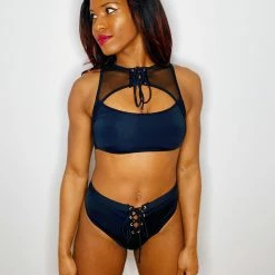 All Pole Wear Hamade Activewear Lace Up High Neck Top - Black