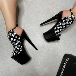 Hella Heels Branded Shield 8inch Stilettos - Black/Black Shoes