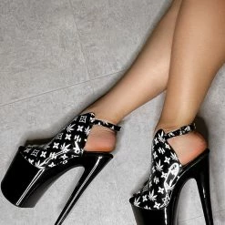 Hella Heels Branded Shield 8inch Stilettos - Black/Black Shoes