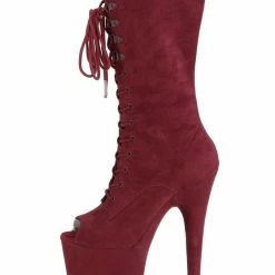 Pleaser USA Flamingo-1051FS Faux Suede 8inch Peep Toe Pleaser Boots - Burgundy Shoes