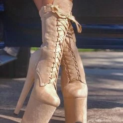 Hella Heels High BabyDoll 8inch Boots - Sand