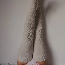 Rolling Cable Knit Thigh High Leg Warmers With Stirrups - Oatmeal Accessories