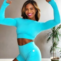 All Pole Wear Olra Activewear Long Sleeve Crop Top - Ocean