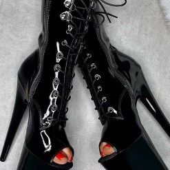 Hella Heels LipKit Open Toe 8inch Boots - Black Beatles