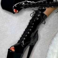 Hella Heels LipKit Open Toe 8inch Boots - Black Beatles