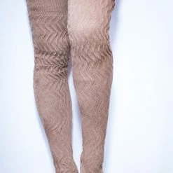 Rolling Cable Knit Thigh High Leg Warmers With Stirrups - Oatmeal Accessories