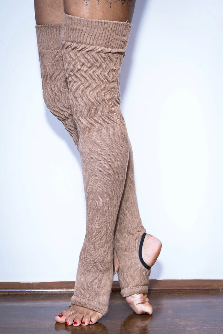Rolling Cable Knit Thigh High Leg Warmers With Stirrups - Oatmeal Accessories