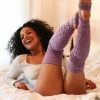 Rolling Cable Knit Thigh High Leg Warmers With Stirrups - Lavender Accessories