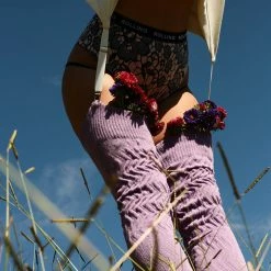 Rolling Cable Knit Thigh High Leg Warmers With Stirrups - Lavender Accessories