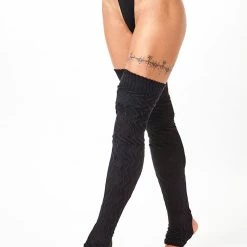 Rolling Cable Knit Thigh High Leg Warmers With Stirrups - Noir Accessories