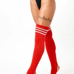 Rolling Thigh High Leg Warmers With Stirrups - Striped Red/White Accessories