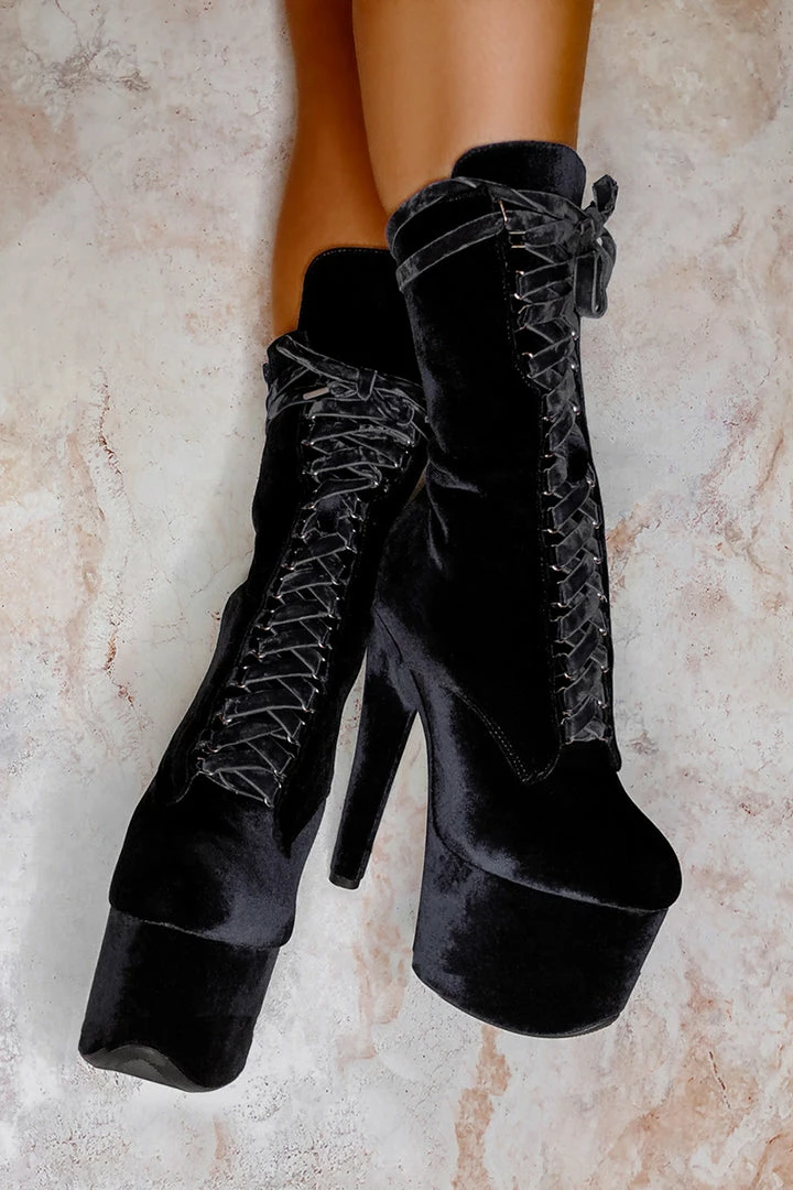 Hella Heels BabyDoll Velvet 7inch Boots - Russian Roulette Back In Stock