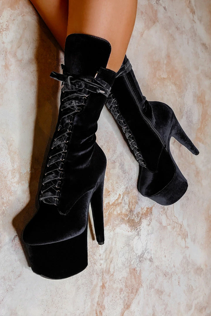Hella Heels BabyDoll Velvet 7inch Boots - Russian Roulette Back In Stock
