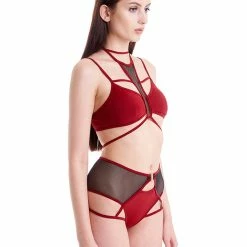 All Pole Wear Hamade Activewear High Waisted Mesh Garter Bottoms - Brick Red