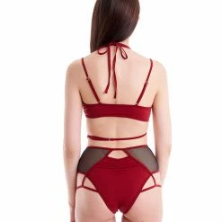 All Pole Wear Hamade Activewear High Waisted Mesh Garter Bottoms - Brick Red