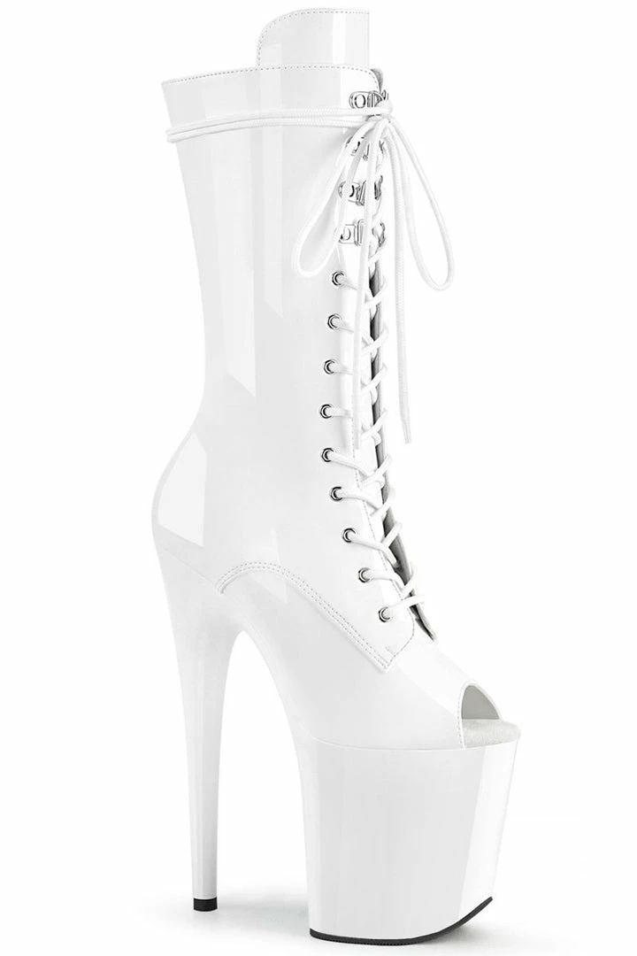 Pleaser USA Flamingo-1051 8inch Peep Toe Pleaser Boots - Patent White Shoes