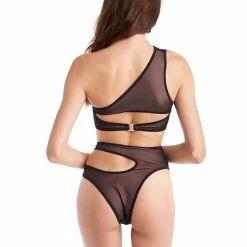 Hamade Activewear Asymmetric Mesh High Cut Bottoms - Black/Sand