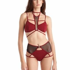 All Pole Wear Hamade Activewear High Waisted Mesh Garter Bottoms - Brick Red