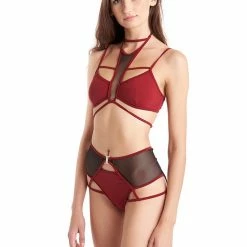 All Pole Wear Hamade Activewear High Waisted Mesh Garter Bottoms - Brick Red